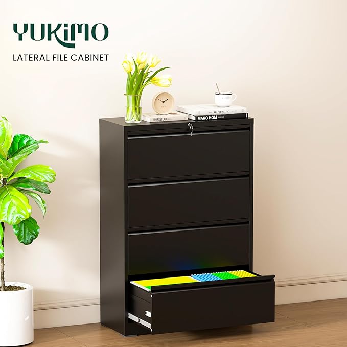 Lateral File Cabinet with 4 Drawer, Metal File Cabinets for Home Office with Lock, Large Filing Storage Cabinet Printer Stand, Steel Wide File Cabinet for Legal/A4/F4/Letter Size Files-Black