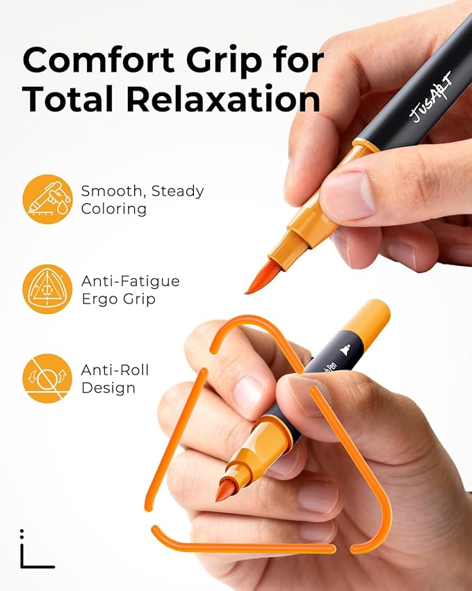 JusArt Markers for Adult Coloring Books No Bleeding, Coloring Markers with Dual Tips, Fine & Brush Pens with Ergonomic Triangle Grip & 33% More Ink, Water-Based Art Drawing Set for Adults, 100 Colors