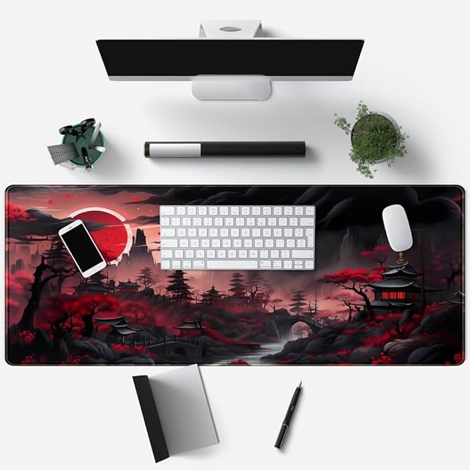 Riverside Full Moon Desk Pad Black Red Desk Mat Japanese Anime Extended XXL Keyboard Pad for Desk Gaming Computer Laptop Office Mouse Pad with Stitched Edges Non-Slip Large Computer Mat 31.5x11.8 in