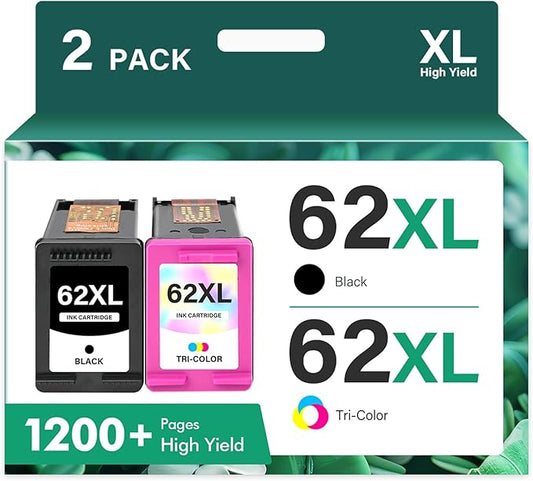 62XL 62 Ink Cartridges Black and Color Combo Pack Remanufactured Replacement for HP 62XL 62 Ink Envy 7640 5660 5540 7645 5740 5746 OfficeJet 250 200 Printer,Black,Tri-Color,2-Pack