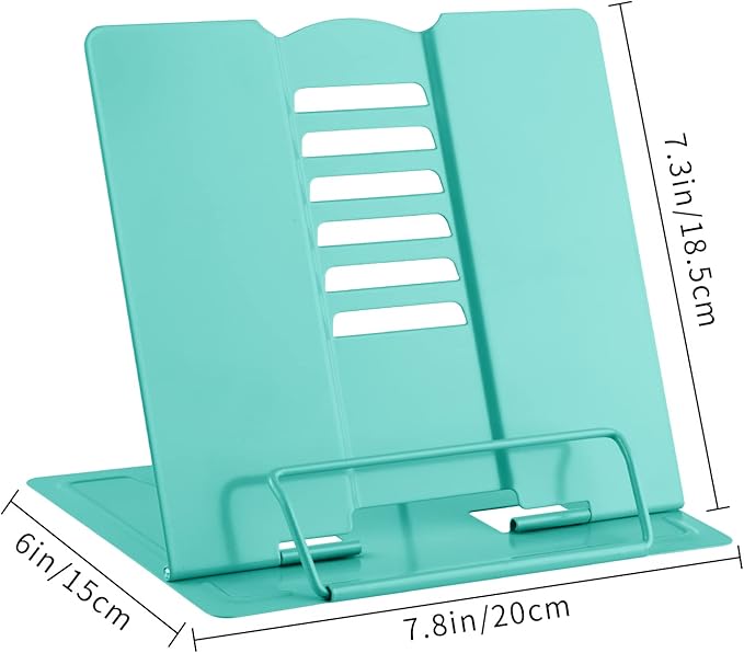 MSDADA Book Stand Metal Reading Rest Book Holder Adjustable Cookbook Documents Holder Portable Sturdy Bookstands for Recipes Textbooks Tablet Music Books with Page Clips (Light Green)