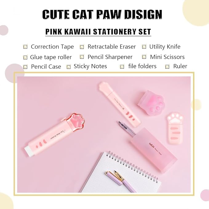 9Pcs Cute School Supplies, Cute Stationery,Includs Pencil Sharpener,Eraser, Correction Tape,Sticky Notes, Ruler, Scissors,Utility Knife, for Cute Office Supplies