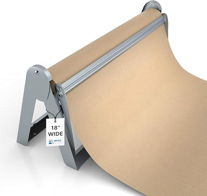 Bryco Goods 18 Inch Paper Roll Dispenser and Cutter, Wall Mountable & Non-Slip Tabletop, Heavy-Duty Steel Frame – Kraft, Butcher, Freezer, Wrapping Paper Holder – for Home, Office, Craft Projects