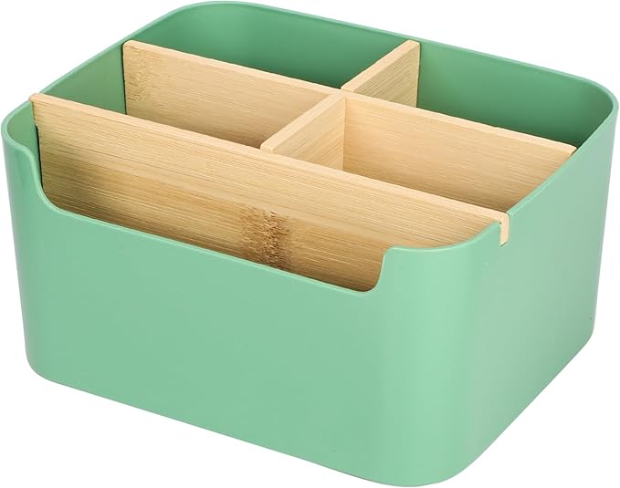 Segarty Green Remote Control Holder, Detachable Divided Bamboo Desk Organizer Caddy, Desktop Storage Box Pencil Pen Holder for Office Supplies Bedside Table Organizers