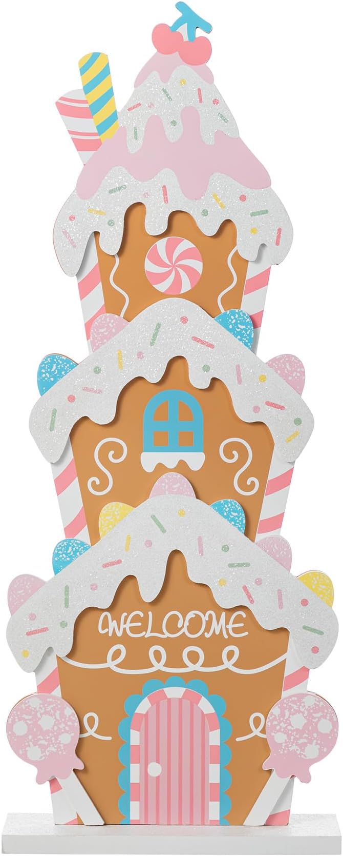 Glitzhome 35" H Wooden Christmas Gingerbread House Porch Decor With Welcome Message, Farmhouse Rustic Freestanding Xmas Gingerbread Sign with Base, Indoor & Outdoor Front Door Yard Holiday Decor