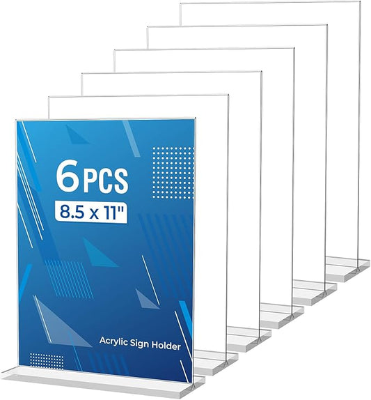6 Pack Acrylic Sign Holder 8.5 x 11 Inches, Clear Menu Holder Stand, Vertical Flyer Display Stand, Table Paper Holder, Desk Brochure Holder, Plastic Sign Display Stand for Restaurants, Office, Store