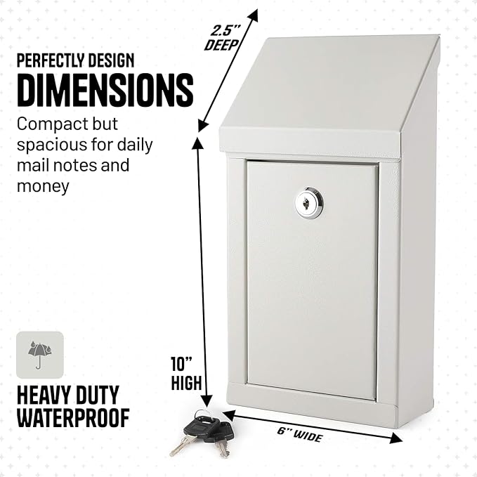 Metal Donation Box-Suggestion Box with Slot and lock-Cash Lock box for Money-Drop Box-Outdoor Waterproof Mailbox and ballot box-comes with pre-drilled holes for easy wall mounting 10 X 6 X 2.5"(White)