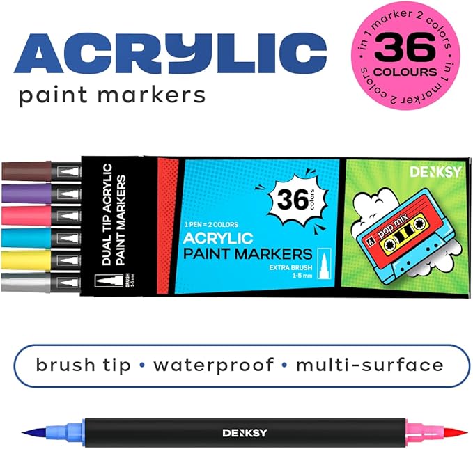 Acrylic paint pens create art – Dual Brush Tip Acrylic Markers Set, Waterproof Quick-Drying Ink for Rock Painting, Glass, Wood, Fabric (36)