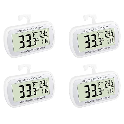 Waterproof Refrigerator Fridge Thermometer, Digital Freezer Room Thermometer, Max/Min Record Function Large LCD Screen and Magnetic Back for Kitchen, Home, Restaurants (4 Pack)