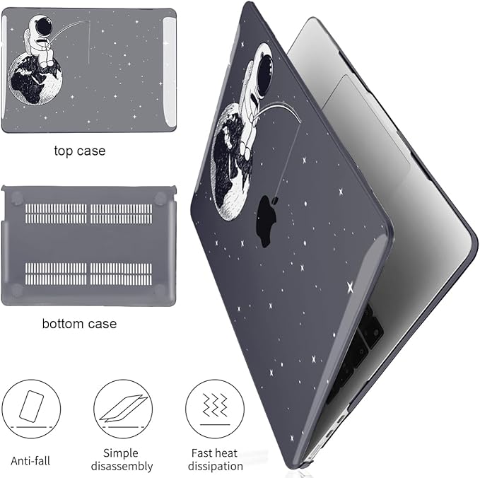 for MacBook Air 13.6 inch Case 2025 2024 2023 2022 Release Model A3240 M4 A3113 M3 A2681 M2, Crystal Black Printed Pattern Plastic Hard Shell for 2025 Mac Air 13.6 M4 Cover, Astronaut Earth