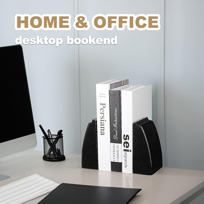 Koville Granite Bookends for Shelves, 10Lbs Large Bookends for Heavy Books, Non-Slip Heavy Duty Book Stopper for CD/Movies, Aesthetic Decorative Book Ends for Bookshelf Table Home Office(Black)