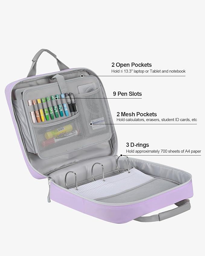 3 Inch 3 Ring Zipper Binder with Shoulder Strap & Handle & Multi-Pocket - 3" Binder with Zipper for School, Compatible with 13-Inch MacBook/Tablet -Patent Design Purple