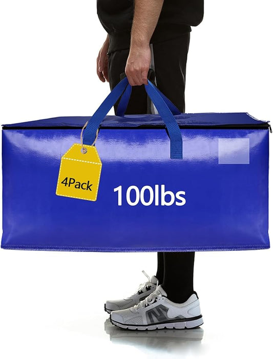 4 Pack Waterproof Moving Bags with Strong Zippers and Reinforced Handles, Real 100lb Capacity Extra Heavy Duty Large Storage Totes for Packing & Moving Storing, Alternative to Moving Boxes -95L,Blue