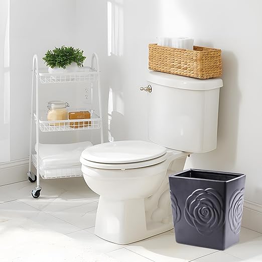 Black Ceramic Rose Small Bathroom Trash Can 2.5 Gal (9 Liter), Heavy Small Kitchen Garbage Bin, Living Room Bedroom Corner Trash Can, Decorative Wastebasket for Outdoor Garden, Home Office,Hotel Motel