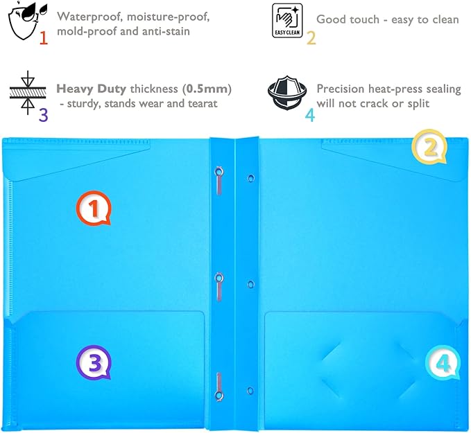 WOT I Heavy Duty Folders with Clear Front Pockets - 6 Pack, Extra Thick Plastic Folders with 3 Pocekts and 3 Prongs for Letter Size Paper/Card Slot/Assorted Colors/School/Work/Home Use