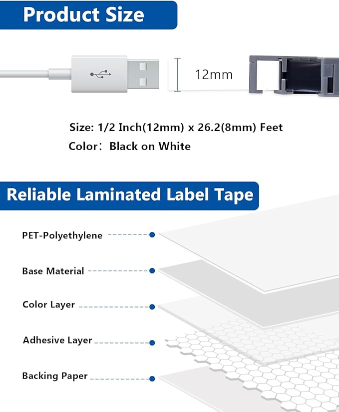 TZe TZ Tape 12mm 0.47 Inch Label Maker Tape Laminated White Compatible for TZe 12mm Tape Refills for P Touch PT-H110 D210 D220 D400 D600 (Black on White, 5-Pack)