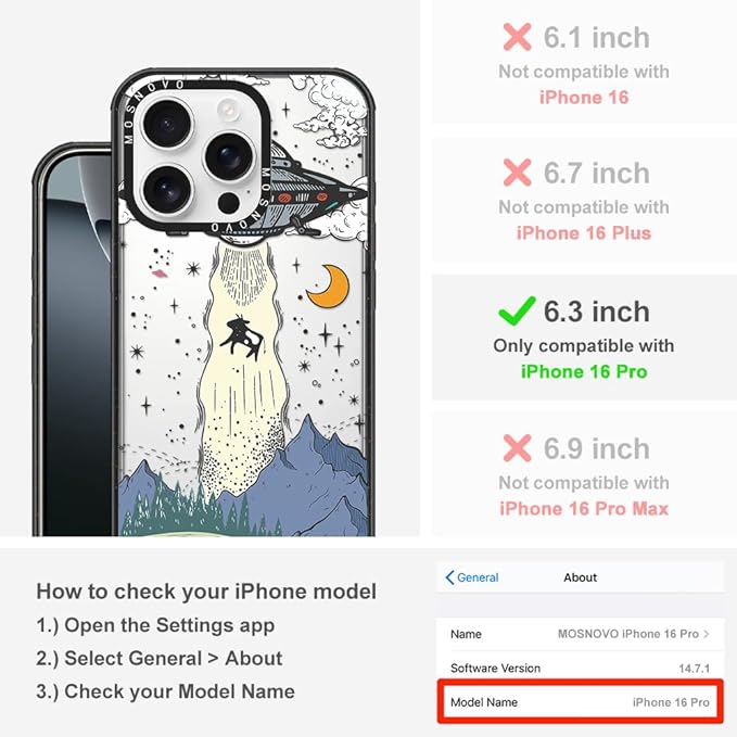 MOSNOVO Case for iPhone 16 Pro, [10ft 4X Military-Grade Drop Protection] Durable & Shockproof Phone Case Cover Design for iPhone 16 Pro - UFO - Clear Black