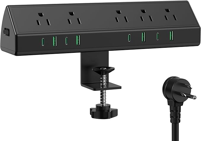 45W Fast Charging Station,Desk Clamp Power Strip,4 PD USB-C Ports,5 AC Outlets,Surge Protector Power Strip, 14AWG Heavy Duty Cord, Fits 1.9" Tabletop Edge (Black, 10 FT Cable)