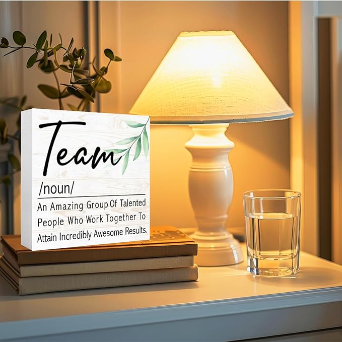 Team Definition Sign Wood Box,Cute Teamwork Signs Wooden Block for for Home Office Tabletop Shelf Decor 5" x 5",Motivational Teamwork Desk Decor Accessories for Women