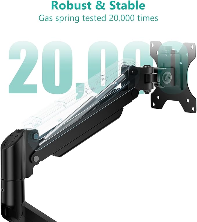 WALI Single Monitor Mount, Gas Spring Monitor Arm for 17-34 inch Screens, Adjustable Computer Monitors Stand up to 26.4lbs, with Clamp and Grommet Base, Mounting Holes 75 and 100mm (GSMP001N), Black
