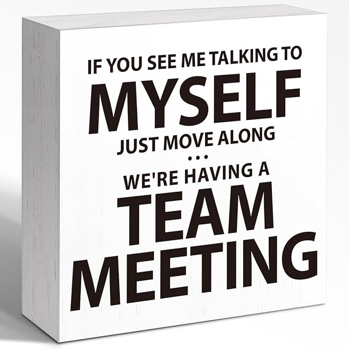 HR Approved Wooden Block Sign "If You See Me Talking to myself..." 5x5x1 INCH, Work From Home Humor Decor with Funny Message, Vintage Style Office Plaque for Desk or Wall