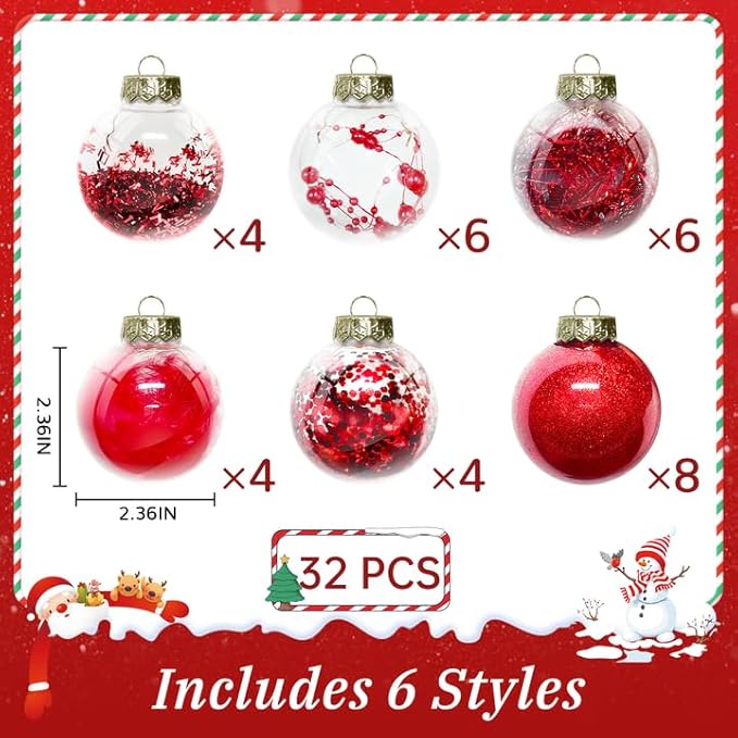 DeckTheHalls Christmas Ball Ornaments Set, 32-Piece Clear Plastic Decor for Crafts, Reusable DIY Festive Tree Decorations, Easy Hang Unbreakable Ornaments for Holiday, Party, Wedding (Red)