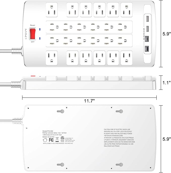 QINLIANF Surge Protector Power Strip - 10Ft Flat Plug Heavy Duty Extension Cord with 24 Outlets and 4 USB Ports(2 USB-C Ports), 1875W/15A, 4100J, for Home, Office, Dorm, ETL Listed, White