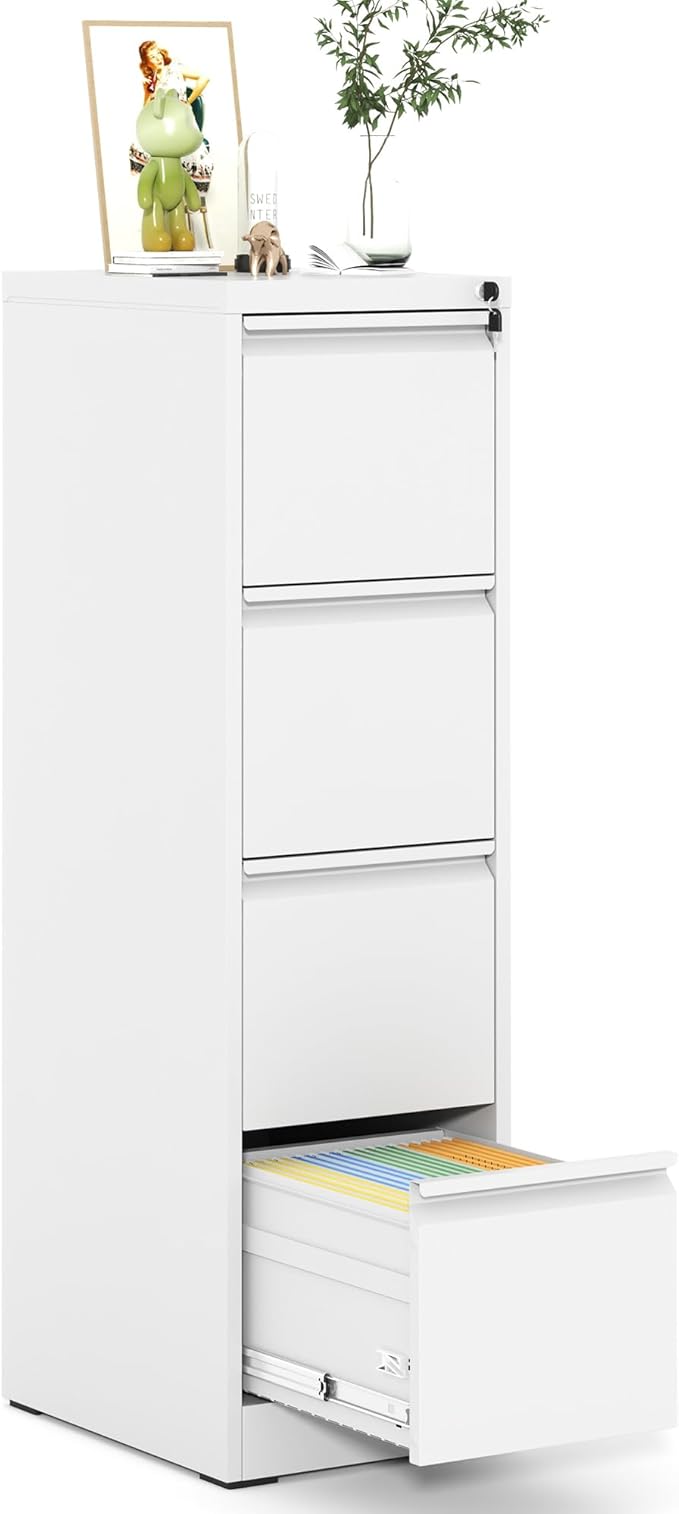 4 Drawer File Cabinet, Metal Vertical Filing Cabinet for Home Office, Locking Steel Easy Assemble 18" D File Cabinets for Legal/Letter/A4/F4 (White)