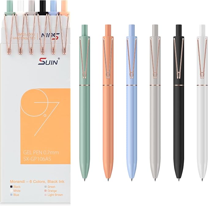 SUIN Gel Pens - Pack of 6, 0.7mm Black Ink, Retractable Rolling-Ball Gel-Pens, Medium Fine Point for Smooth Writing - Cute Office and School Supplies, Ideal Gifts for Women