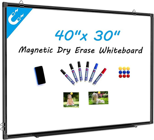 H-Qprobd 40"x30" Magnetic White Board Dry Erase Wall Mount Whiteboard - Office Home Classrooms White Board Hanging Writing Board with Black Aluminum Frame