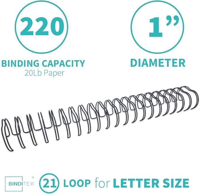 Binditek 50 Pack Double Loop Wire Binding Spines, 1Inch Binding Wire for Letter size, 2:1 Pitch, 220 Sheet Capacity, 21-Loop, Black, for Students and Coworkers