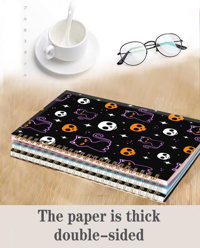Spiral Journal Notebook,A5 Hardcover Lined Journals for Women Girl 6 x 8.3 in,120 Pages Thick Paper,Cute College Ruled Writing Notebook for Gifts Office Work School(Halloween Skull Cat)