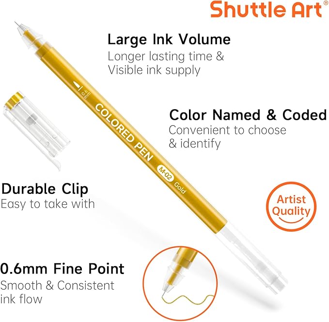 Shuttle Art Colored Pens, 22 Black White Gray & Metallic Tone Colors Cute Journal Pens 0.6mm Fine Point Colored Gel Pens for Black Paper Writing Drawing Journaling Note Taking School Office Home