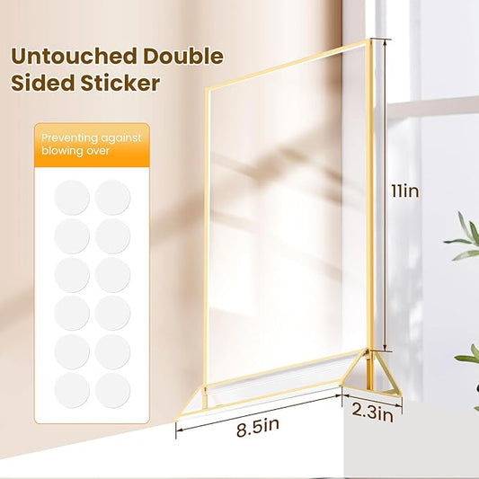 Acrylic Sign Holder 8.5X11 Gold Frames Double-Sided Gold Picture Frames for Menu Holder Wedding Table Numbers Display Stand with Removable Sticky Dots -6 Pack