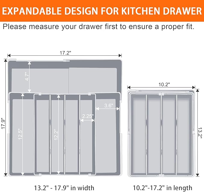 Silverware Organizer for drawer - Adjustable Kitchen Drawer Organizer Utensil Drawer Organizer, Expandable Silverware Tray for Drawer Utensil Organizer for Forks, Knives, Grey