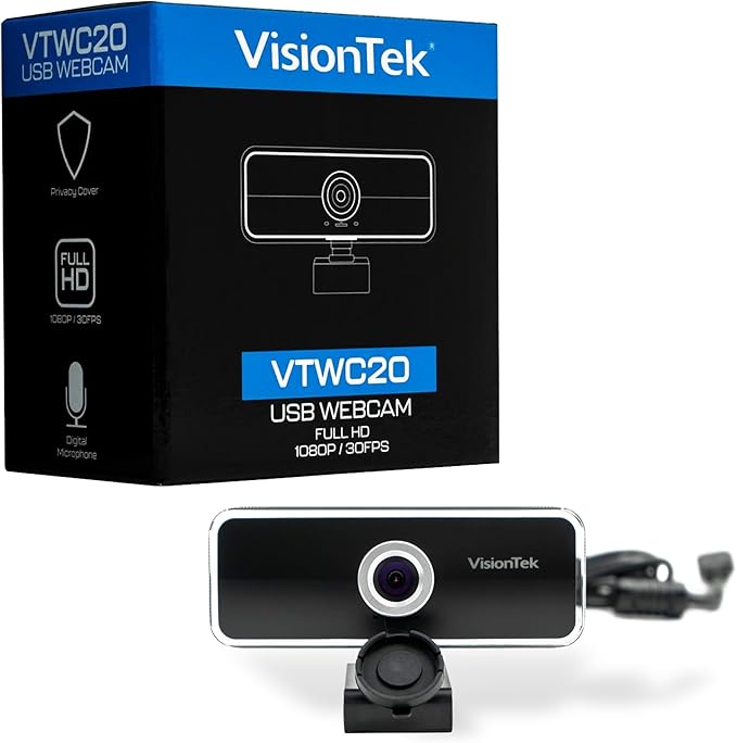 VisionTek VTWC20 Full HD (1080P 30FPS) Webcam, for Windows, Mac, Linux, & Chromebook w/Digital Microphone, Auto Focus, Privacy Cover, & Wide Viewing Angle