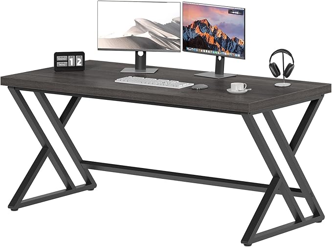 LVB Modern Computer Desk, Industrial Home Office Desk, Metal Wood Writing Study Computer Table for Bedroom, Farmhouse Executive Simple Gaming Work Desk for Student, Dark Gray Oak, 60 Inch