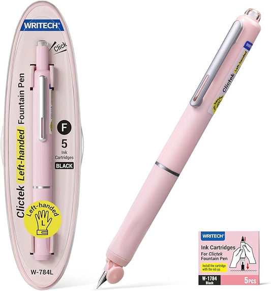 WRITECH Left Handed Fountain Pen: Fine Nib Retractable Style Black Ink Set Includes 5 Ink Cartridges Smooth Writing for Calligraphy Journaling Office Gift