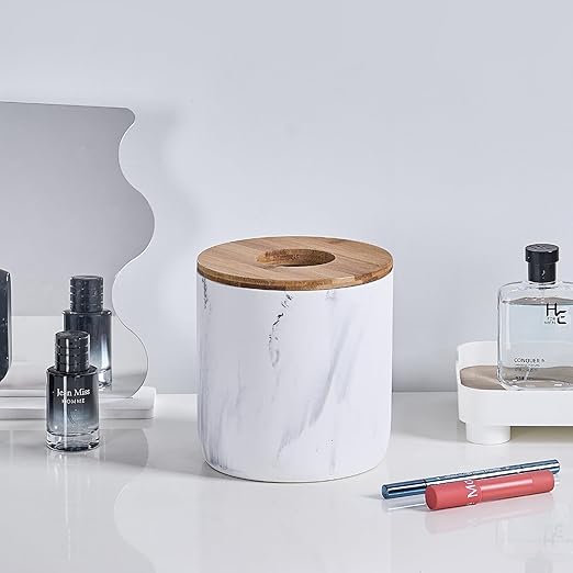 Polytree Marble White Mini Trash Can with Bamboo Lid,Small Countertop Trash Can,Desk Trash Can,Table top Mini Garbage Cans,Resin Tiny Waste Basket