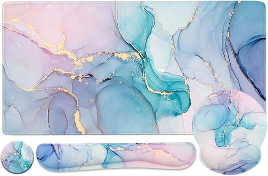 4-in-1 Gaming Mouse Pad Wrist Support Set，Desk Pad + Mouse Pad with Wrist Rest + Keyboard Wrist Rest + Coaster, Ergonomic Design for Home Office Study Game - Blue Marble