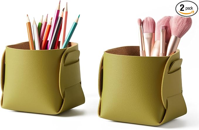 HOMIEAZICOZI 2-Pack Cork Leather Desk Accessories Storage - Pencil Pen Holder - Makeup Brush Holder Organizer - Stylish Addition to Home Decor (Olive Green)