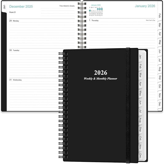 Planner 2026 - A5 Weekly & Monthly Planner Spiral Bound, January 2026 - December 2026, with Flexible Cover, Tabs, Inner Pocket, 6.4" x 8.5", Black