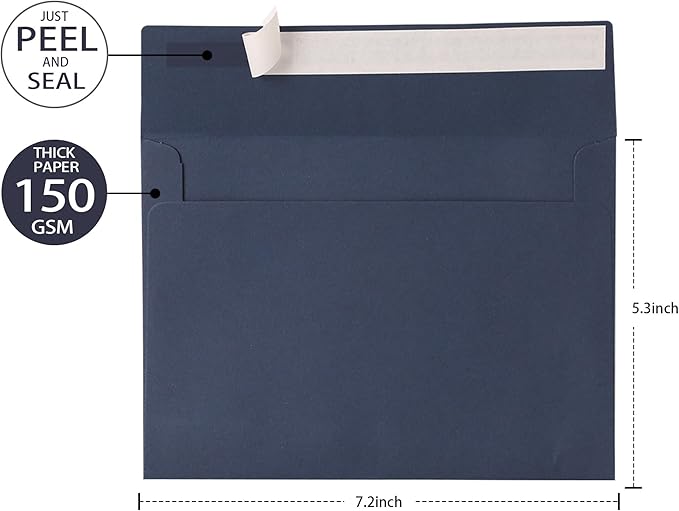 Blue & Navy Blue Envelopes, 50 Pack - A7, 5 x 7 Inch, 120gsm Paper for Invitations, Weddings, Birthdays & Personalized Gifts