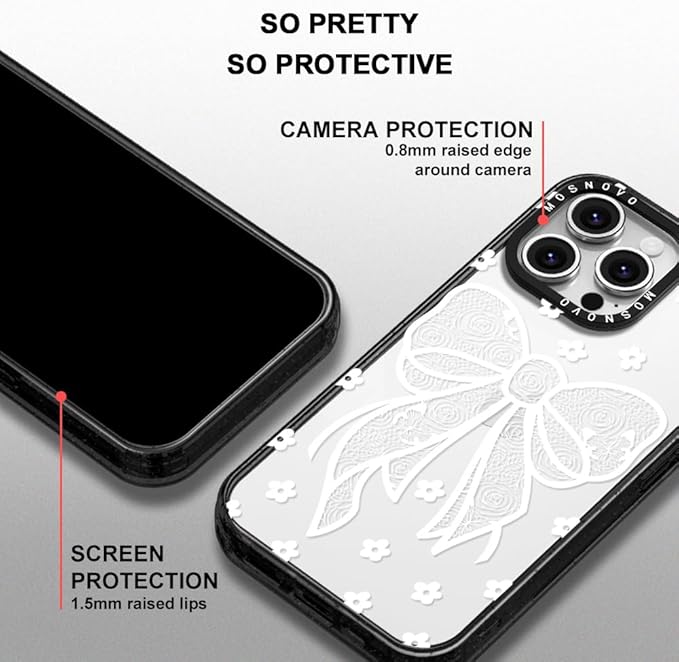 MOSNOVO Case for iPhone 16 Pro Max, [10ft 4X Military-Grade Drop Protection] Durable & Shockproof Phone Case Cover Design for iPhone 16 Pro Max - Lacey Bow - Clear Black