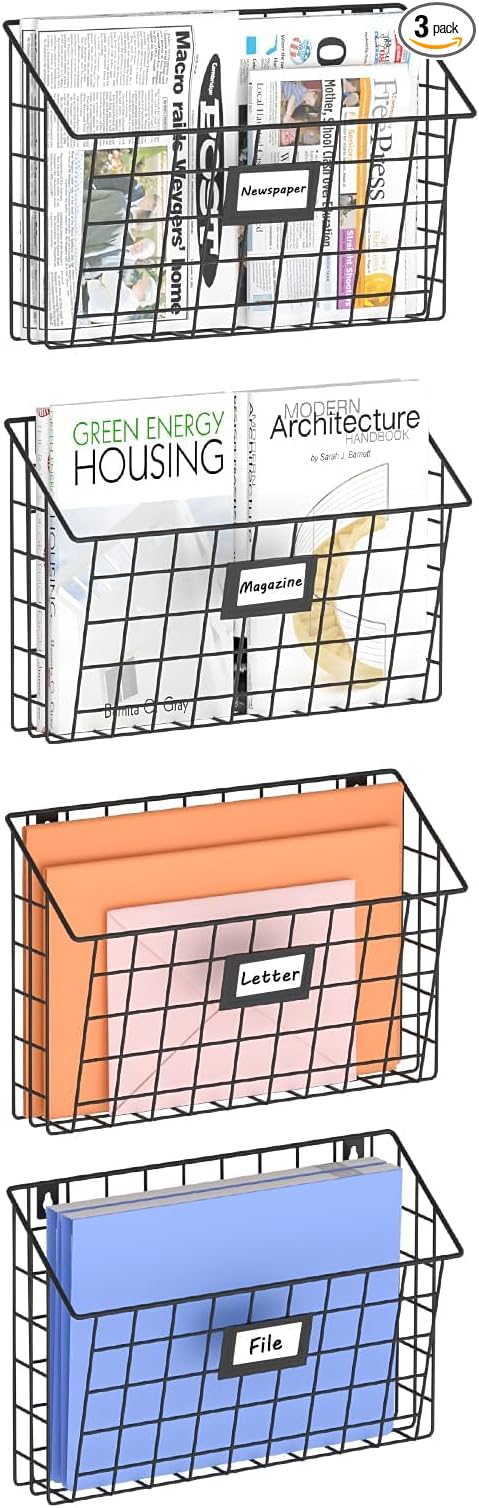 X-cosrack 4-Tier Hanging Wall File Holder Vertical Wall Mount Metal Wall File Organizer with Tag Slot Document Magazine Rack Mail Organizer for Office Home, Black