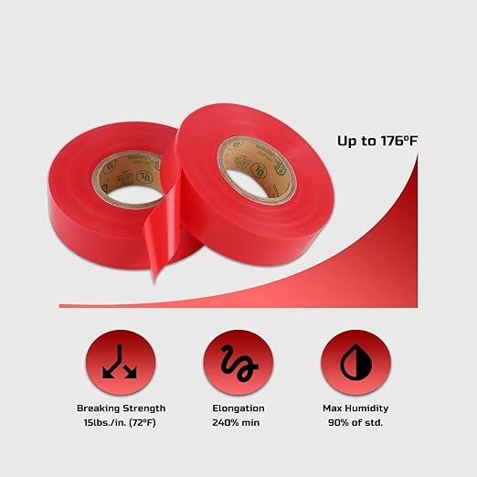 Lichamp 10-Pack Red Electrical Tape Waterproof, 3/4 in x 66ft, Industrial Grade UL/CSA Listed High Temp Electrical Tape Electric Super Vinyl