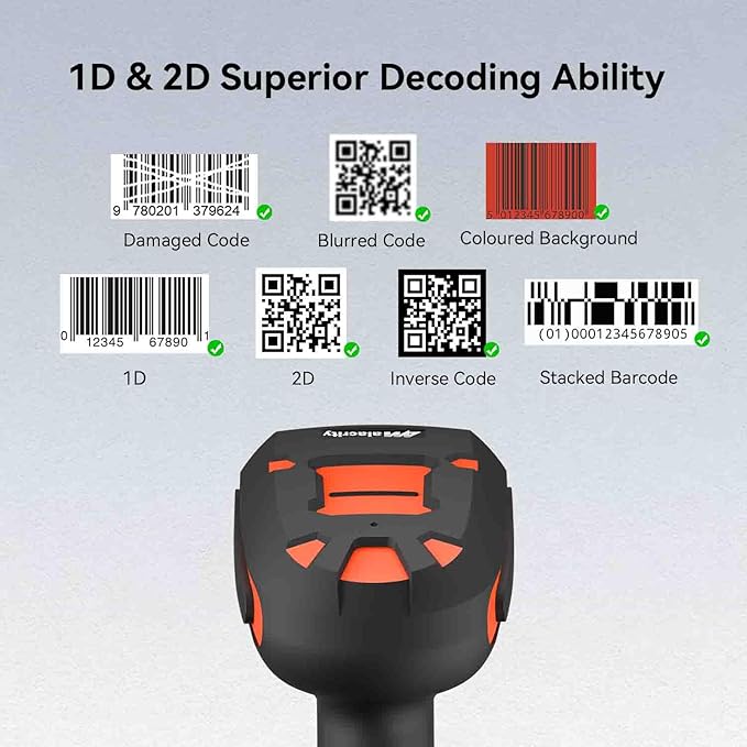 Alacrity Upgraded 2D Industrial Barcode Scanner with Wireless Charging Stand, 1968 Feet Transmission Distance 433Mhz Wireless & Bluetooth 2in1 Barcode Reader, Shock Dust Proof Hands Free, Orange