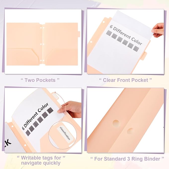 Honoson 12 Pcs Plastic Folders with Clear Front Pocket 3 Hole Punched Folders for 3 Ring Binder 1/6 Cut Tabs for Office Classroom (Macaron Colors)