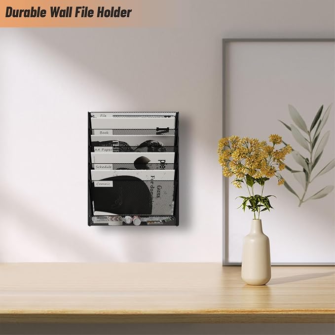 6 Tier Wall File Mounted Magazine Rack with Tray Mesh A4 Paper Organiser Mail Holder Storage, Black