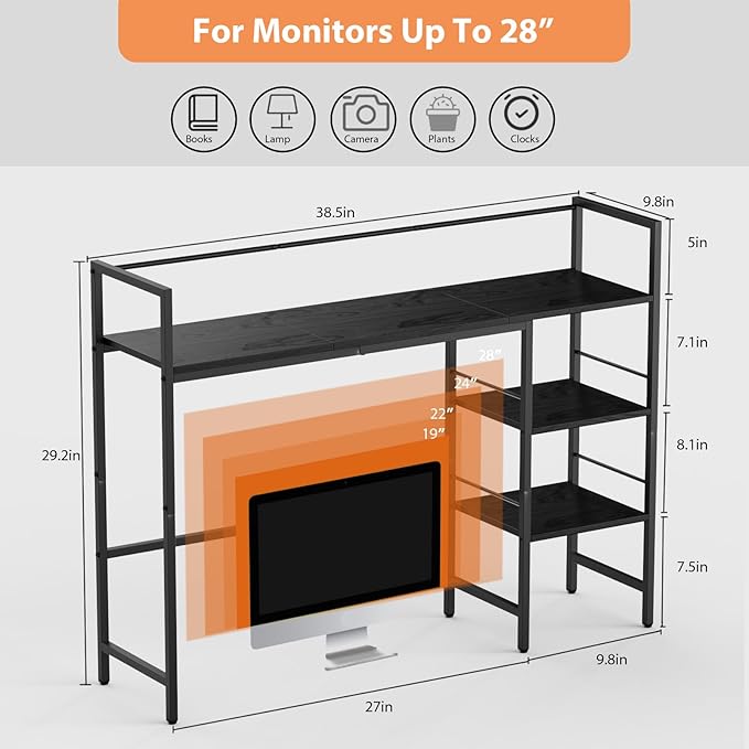 Desk Shelf, 38.5 Inch Desk Hutch for Computer Monitor, Computer Desktop Bookshelf Storage Rack Adjustable Desk Hutch Top Only, 3 Tier Desktop Organizer Shelf for Office Home Dorm, Black